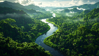 Fototapeta premium Aerial View of Winding River Through Lush Rainforest