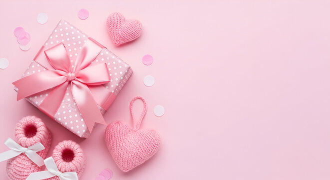 Pink Baby Shower Gift and Knitted Decorations Flat Lay