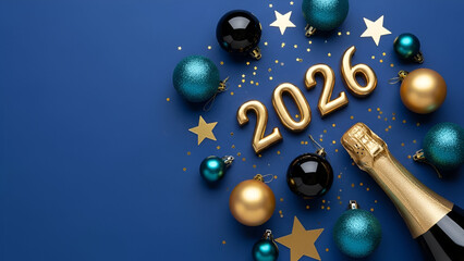 New Year 2026 Celebration with Champagne and Ornaments