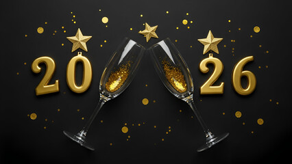 New Year 2026 Celebration With Champagne Glasses And Gold Stars