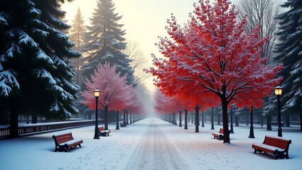 Winter Pathway with Scarlet Trees and Snowy Benches