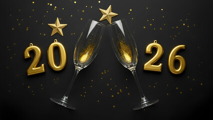 New Year 2026 Celebration with Champagne Glasses and Stars
