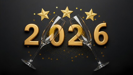 New Year 2026 Celebration with Champagne Glasses and Stars