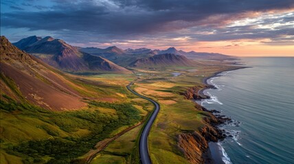 Scenic iceland road winding through dramatic mountains and rugged coastline at sunset, aerial view of breathtaking natural landscape with vibrant sky and serene coastal scenery