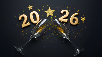 New Year 2026 Celebration with Toasting Champagne Glasses