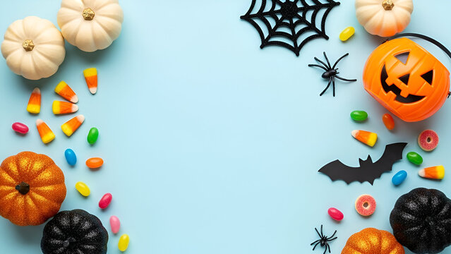 Halloween Decorations and Candies on a Light Blue Background Keywords: Halloween, pumpkin, candy