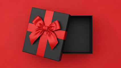 Open Black Gift Box With Red Ribbon On Red Background
