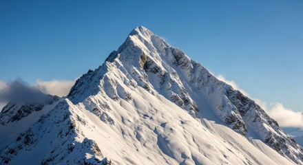 "High-resolution photograph of a rugged, snow-covered mountain peak against a clear blue sky, sharp lighting, winter landscape."