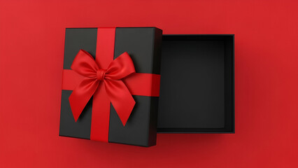 Open Black Gift Box with Red Ribbon on Red Background