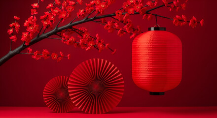 Red Chinese Lantern and Plum Blossoms on Red Background