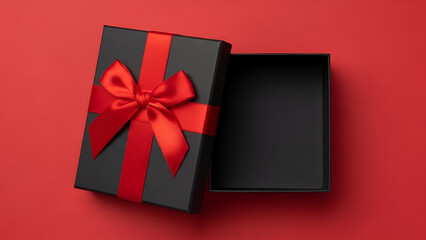 Open Black Gift Box With Red Ribbon On Red Background