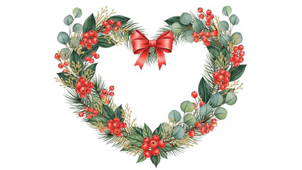 Watercolor Christmas Heart Wreath with Red Bow, Holly Leaves, Eucalyptus and Berries Illustration