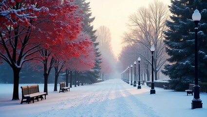 Winter Pathway with Scarlet Trees and Snowy Benches
