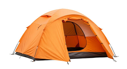 Orange camping tent pitched outdoors perfect for backpacking hiking and outdoor adventures in the wilderness and national parks on transparent background