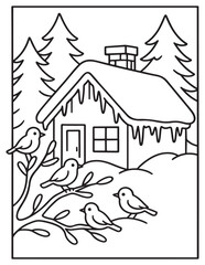 Naklejka premium Cozy winter scene outline with house, snow, evergreen trees, and small birds
