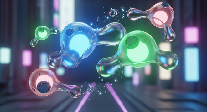 Stunning glowing abstract shapes floating in a vibrant futuristic space with neon lights, creating a dynamic and modern design for your next project - Powered by Adobe