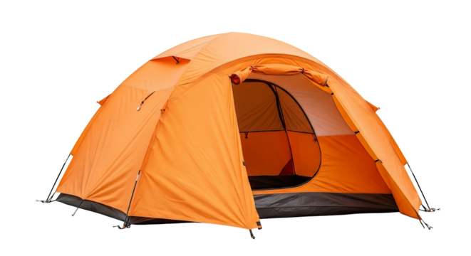 Orange camping tent pitched outdoors perfect for backpacking hiking and outdoor adventures in the wilderness and national parks on transparent background