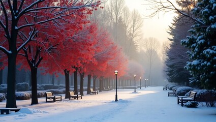 Snowy Park Pathway with Glowing Red Trees