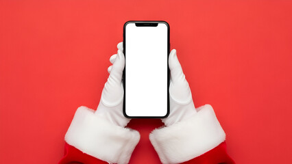 Santa Claus Hands Holding Smartphone with Blank Screen