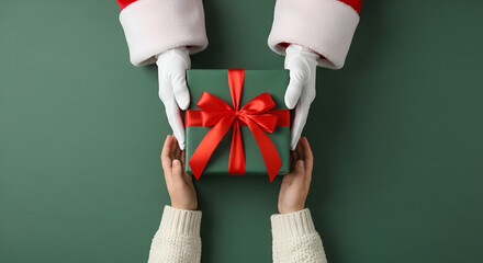 Santa Claus Hands Giving A Gift Box image photo