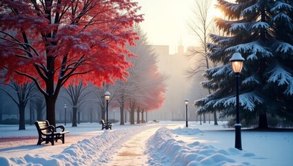 Snowy Park Pathway with Glowing Red Trees