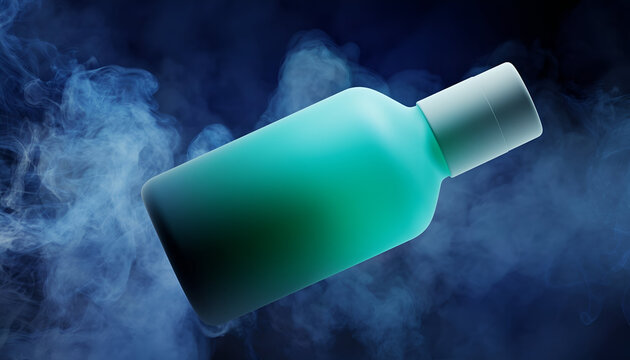Teal Blue Cosmetic Bottle with White Cap Floating Amidst Ethereal Blue Smoke Particles on a Dark Blurred Background Soft Glow Lighting