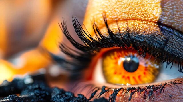 A close-up of a captivating eye featuring vibrant golden and orange tones. The dramatic lashes and textured background enhance the artistic vision and flair of makeup design.
