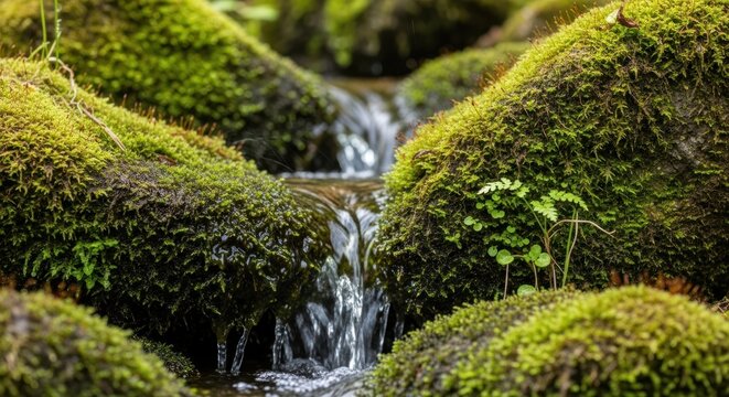 A close-up shot captures a small, gently flowing stream cascading over moss-covered rocks in a lush, green forest environment.