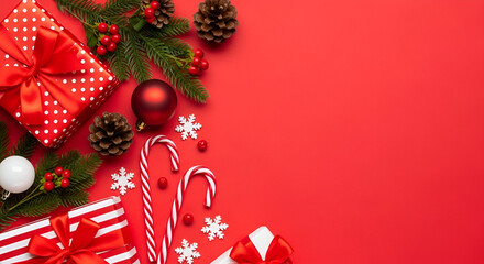 Vibrant Red Christmas Flat Lay with Gifts and Ornaments