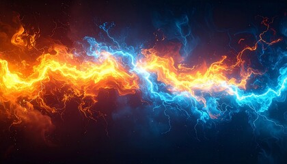 Electric blue and orange energy streams converging on dark background.