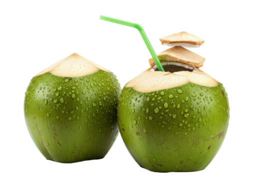 Two young, vibrant green coconuts, one whole, one with a green straw and white flesh, covered in glistening condensation, on a transparent background with copy space, refreshing tropical beverage