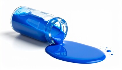 Blue liquid spilling from tipped glass jar on white surface.