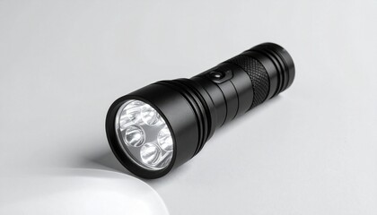 Black LED flashlight on light gray surface.