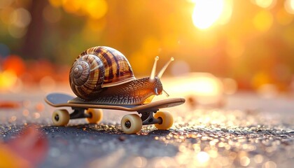 Snail riding skateboard on autumn path with golden leaves.
