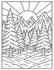 Fototapeta premium Stylized outline drawing of a mountain landscape with pine trees and rising sun