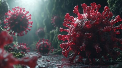Red virus particles in a dark, mossy cave