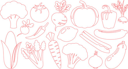 Red Outline Vegetable Set Broccoli, Tomato, Beet, Pumpkin, Radish, Corn, Carrot, Zucchini, Eggplant