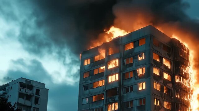 Flames erupt from multiple floors of a residential building as dark smoke billows into the night sky. Nearby structures are illuminated by the fiery blaze, creating a dramatic and alarming atmosphere.
