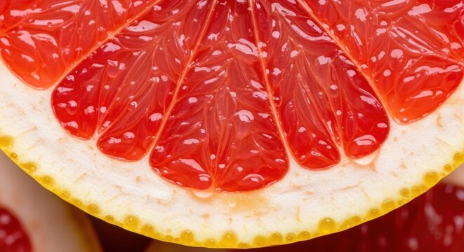 Close-up of a juicy grapefruit slice with vibrant red segments.