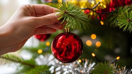 Red ornament hanging on green tree branch decorated bright home