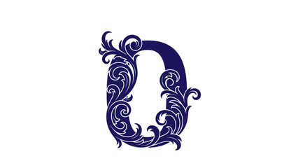 A decorative initial D in dark blue, featuring elaborate acanthus leaf scrolls and vintage filigree ornamentation.
