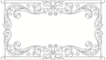 Ornate rectangular frame with swirling floral and leaf designs, symmetrical arrangement, and a blank central area for text or image.