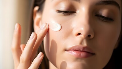 Close up of woman applying cream to her face for skin care routine