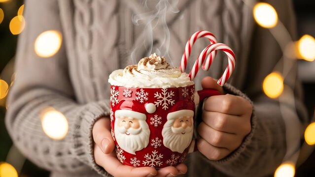 Hot cocoa mug with santa faces holding peppermint candy canes warm - Powered by Adobe