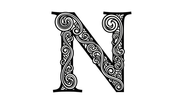 Intricate black and white letter "N" design, filled with ornate swirling patterns.