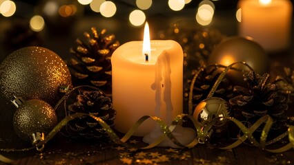 Candle burning with christmas decorations and pine cones around