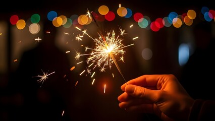 Hand holding sparkler with bright sparks against dark background
