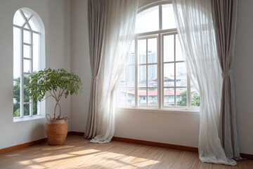 Fototapeta premium Interior room with large windows and a potted plant, bright natural light.