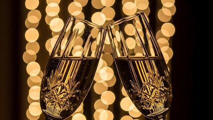 Pair of champagne glasses toasting against bokeh light background