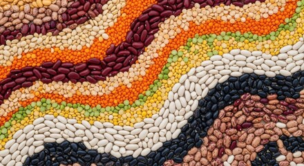 Colorful assortment of various beans arranged in wavy patterns.